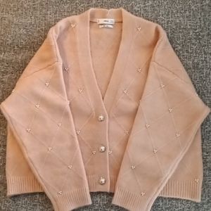 Mango Knitted Cardigan with Pearls - XL, Pink